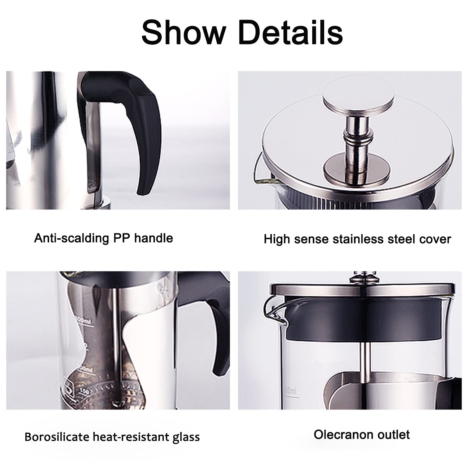 Cafetera Émbolo, Cafetera Francesa De Vidrio De Borosilicato Duradero Resistente Al Calor, Cafetera De Piston/Tetera De Acero Inoxidable con 3 Filtros, Fácil De Limpiar, para Regalos De Viaje De CAM