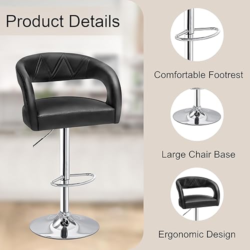Miniatura 5 de VECELO Juego de 2 taburetes de bar ajustables giratorios modernos de piel sintética, taburetes de barra con respaldo y brazos, para cocina, bar