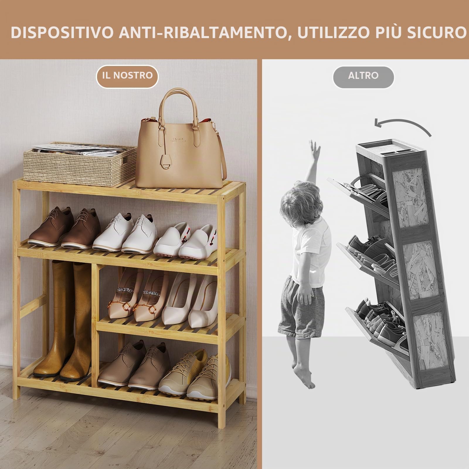 WOLTU Scarpiera in Bambù, Scarpiera a 4 Livelli, Scaffale per Piante Portascarpe, Scaffale in Bambù per Ingresso, Corridoio, Bagno, Balcone, Traspirante, 68x26x68,5 cm