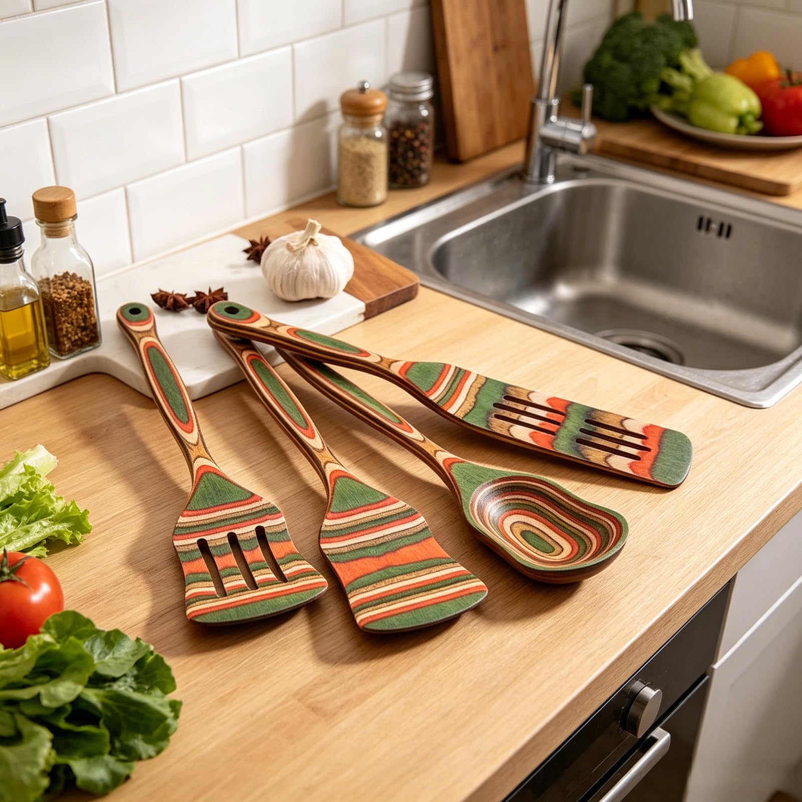 Küchenhelfer-Set zum Servieren und Rühren von Suppen, 6-teiliges Kochutensilien aus Holz mit laminiertem Holz und langen Griffen für beschichtetes Kochgeschirr