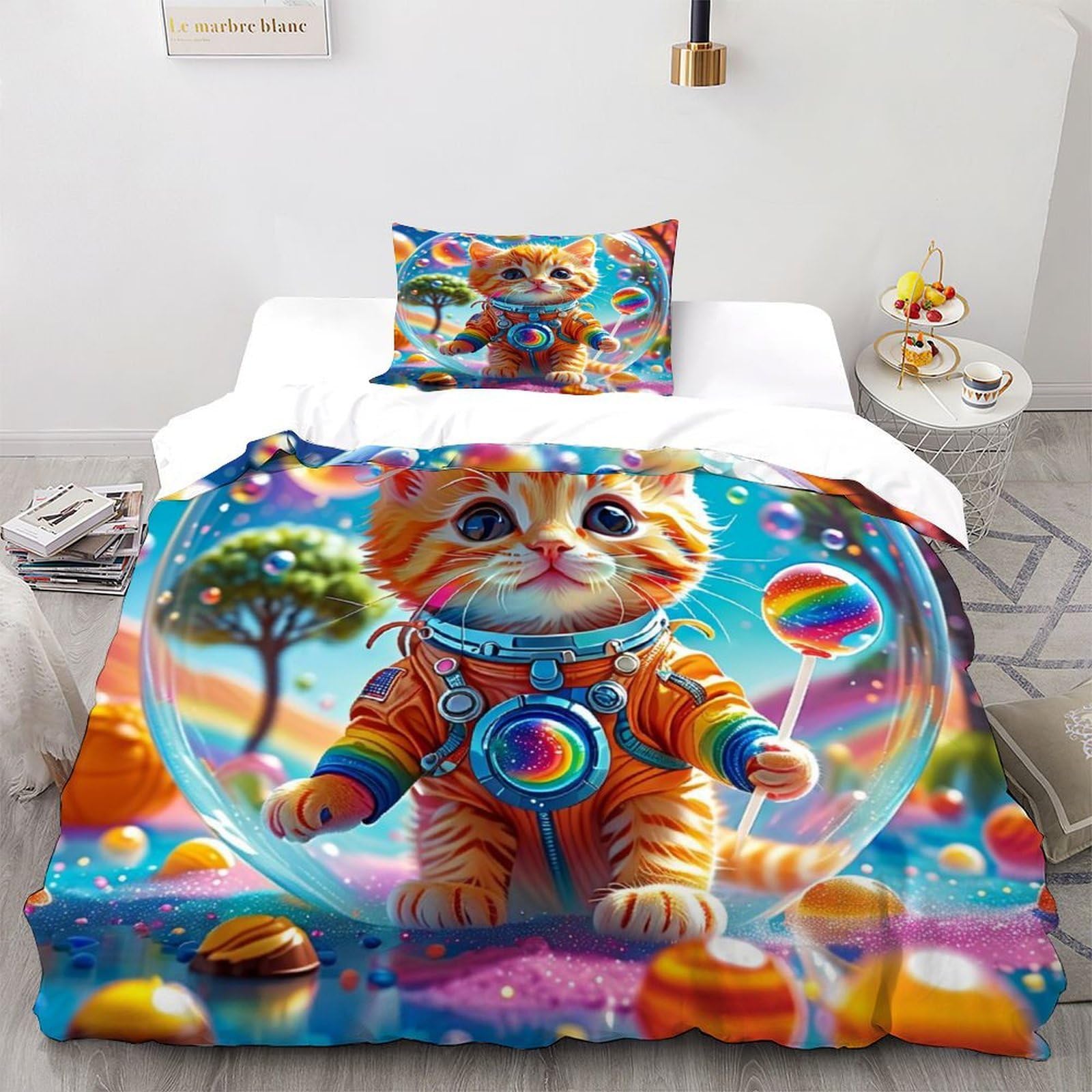 Housse de couette chaton pour lit simple anti-plis ensemble de lit microfibre 135x200