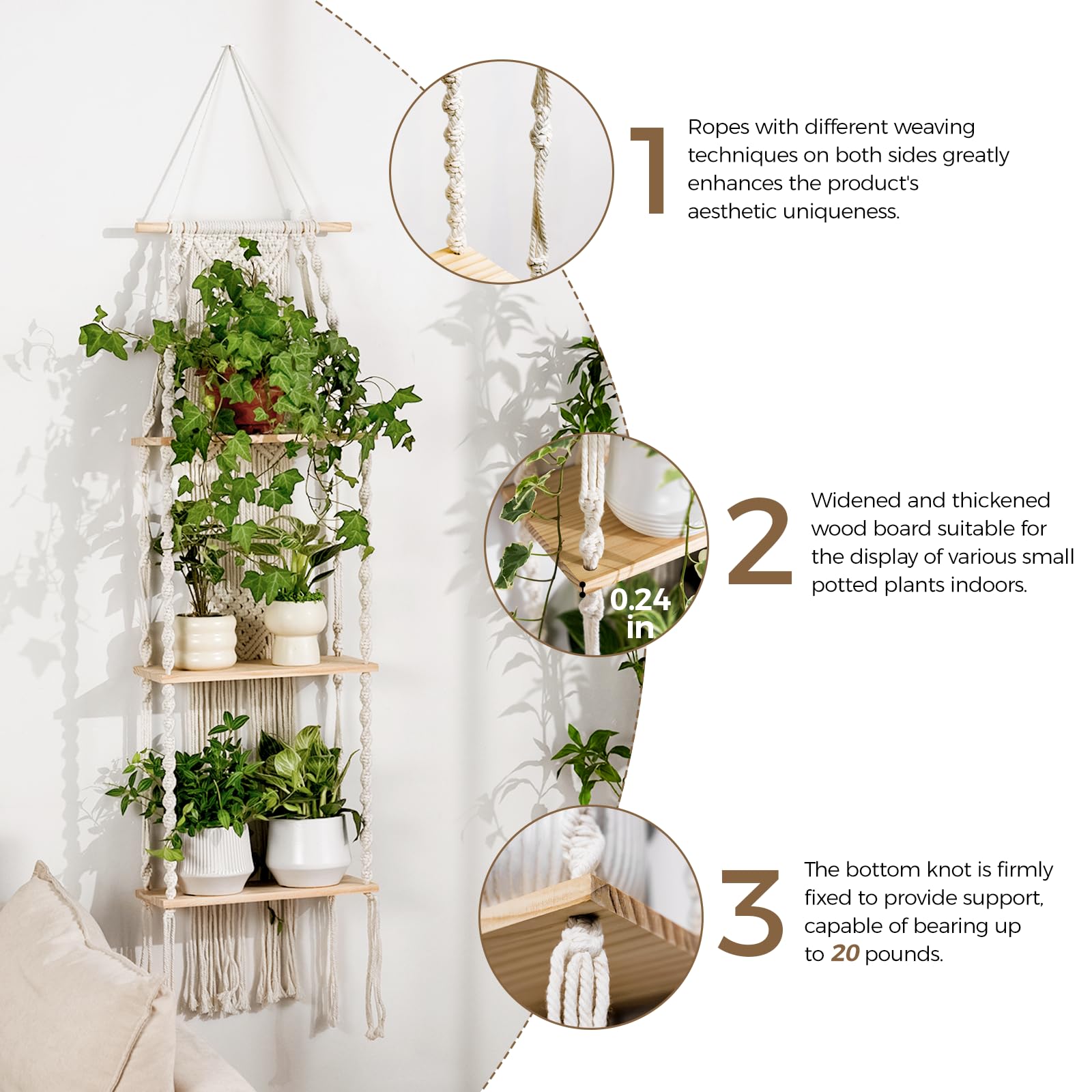 Estante de pared para plantas, soporte para plantas de macramé, 3 niveles, estantes para plantas, decoración bohemia para habitación, estante colgante para plantas, soporte para plantas 4
