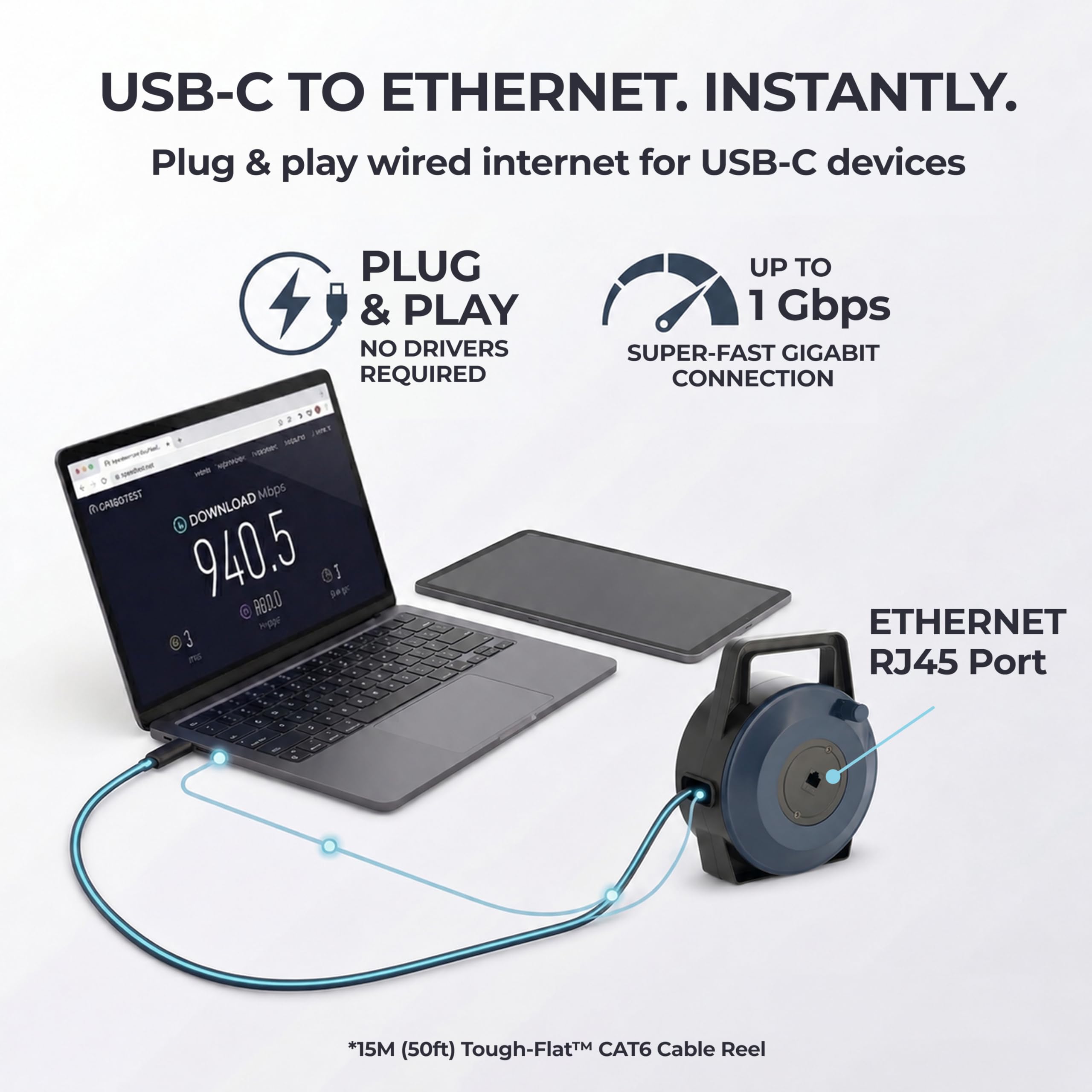 Kołowrotek kabla USB-C (typ C) na Ethernet, 15 m CAT6 Tough-Flat™, do 1 Gb/s, Plug & Play, bezpieczny dla ciężarówek, chowany kabel do tymczasowej konfiguracji