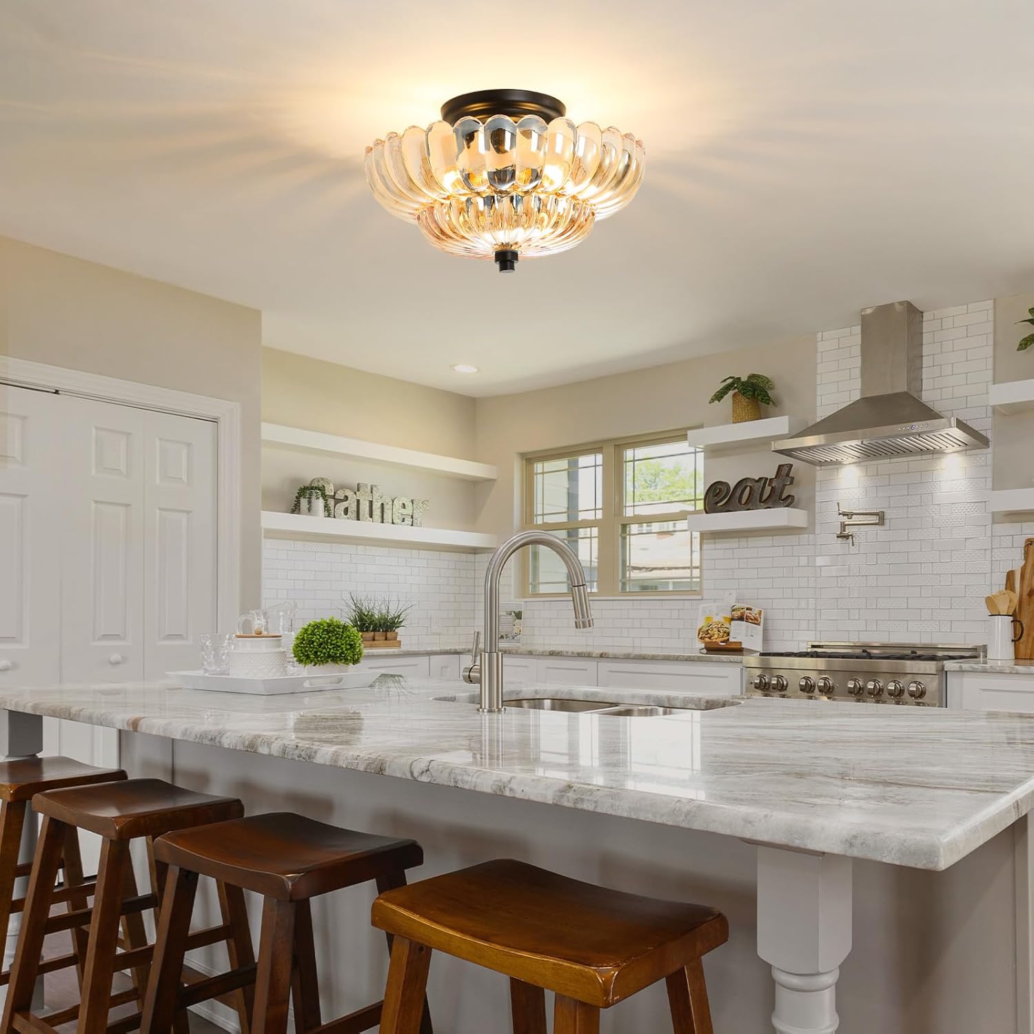 Semi Flush Mount Ceiling Light Fixture Vinatge Black Ceiling Lights Mid Century Modern Glass Close to Ceiling Lighting Fixtures for Bedroom Hallway Foyer Bathroom Kitchen Laundry Room Nursery