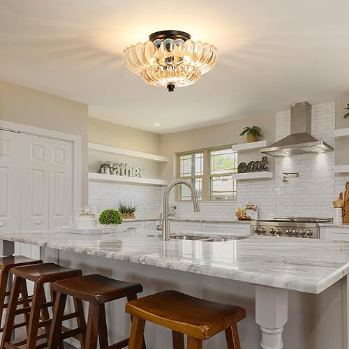 Miniatura 5 de Lámparas de techo semiempotradas, lámpara de cristal marrón, base negra, lámpara de iluminación moderna, adecuada para sala de estar, cocina,