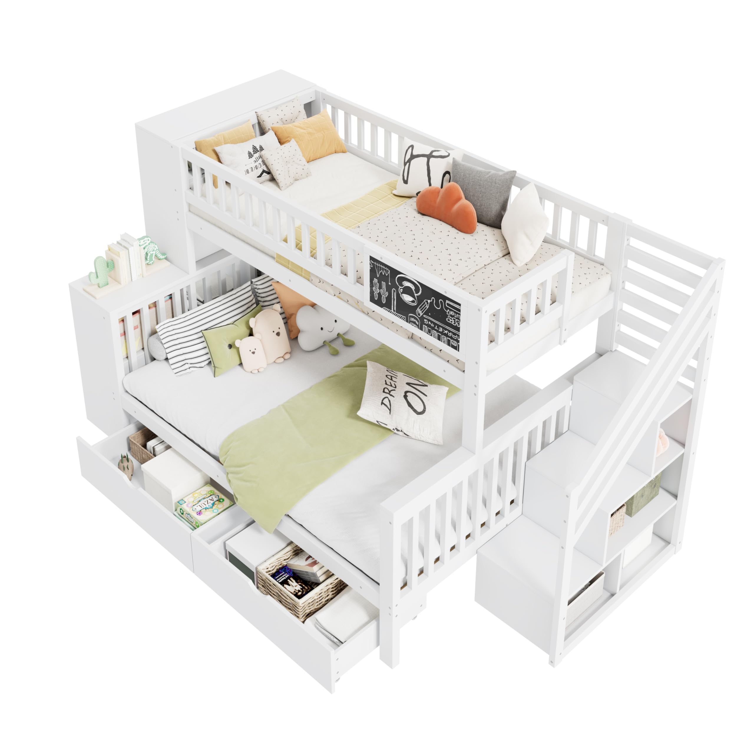 Letto a castello 140 x 200 | 90 x 200 cm, Scala di Sicurezza -Salvaspazio con vani portaoggetti, 2 cassetti, Libreria Grande a 6 Ripiani, Pino Robusto Bianco, 3 adolescenti e adulti