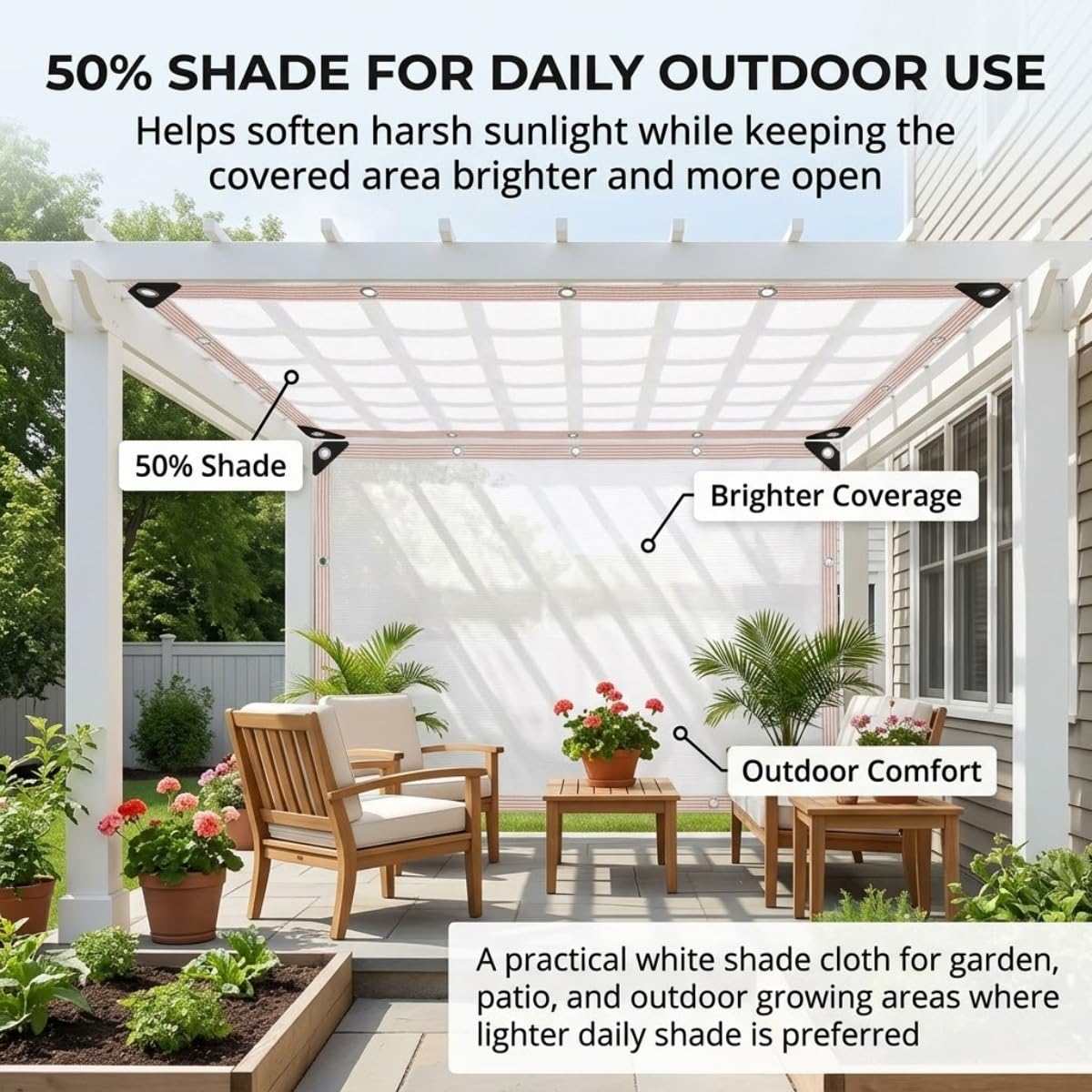 Tela de Sombra Blanca 50% con Ojales, Malla de Sombreo HDPE para Invernadero, Toldos Exterior Terraza, Malla Ocultacion para Verduras, Gallinero, Perrera, Patio(6X7M)