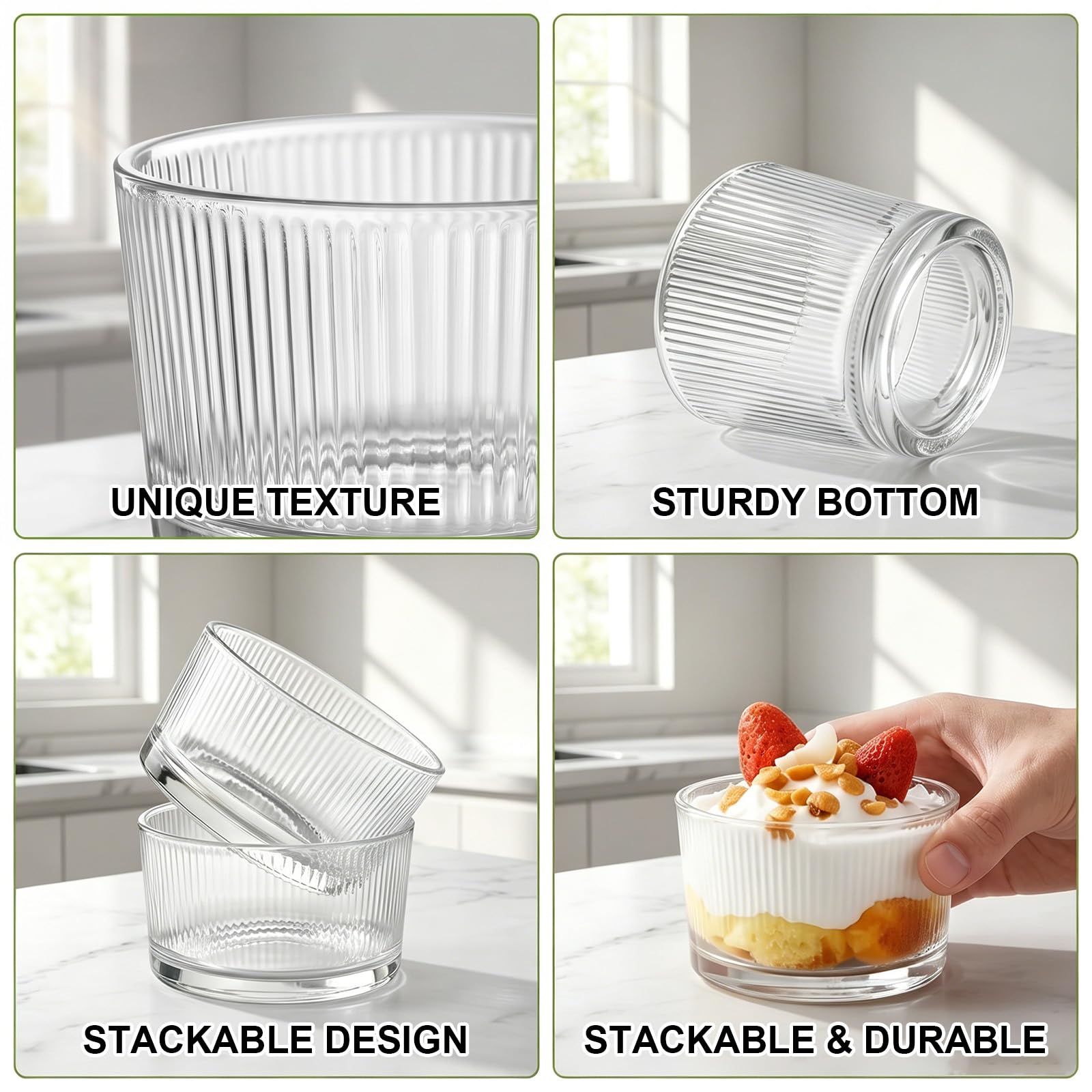 Set di 8 bicchieri da dessert in vetro, da 200 ml, in vetro, trasparenti, lavabili in lavastoviglie, impilabili, per tiramisù, budino