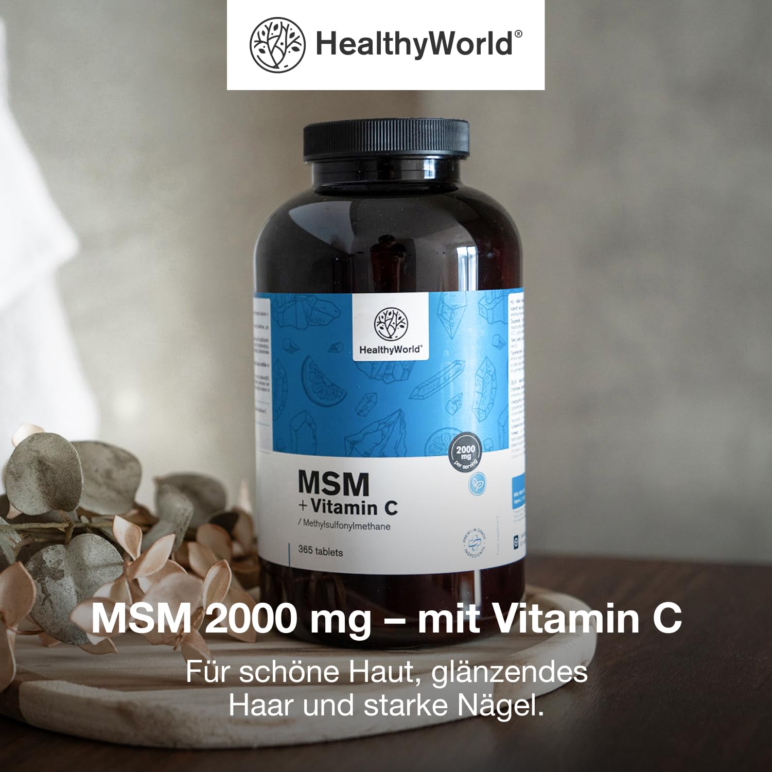 HealthyWorld MSM 2000 mg - Mit Vitamin C - 365 Tabletten - 6 Monate Vorrat - Hohe Konzentration - 2000 mg pro Tagesdosis - Vegetarisch - Ohne Zusätze - Schönheitsmineral