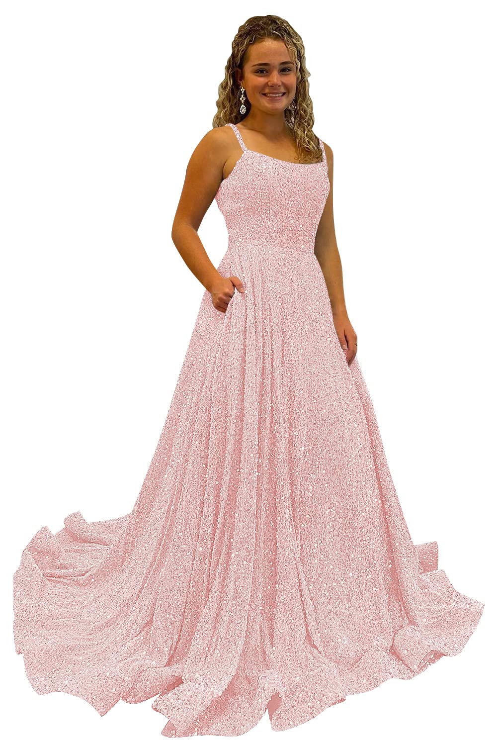 A Line Square Neck Sequins Prom Dress Sparkly Spaghetti Straps Long Ball Gowns with Pockets RS025