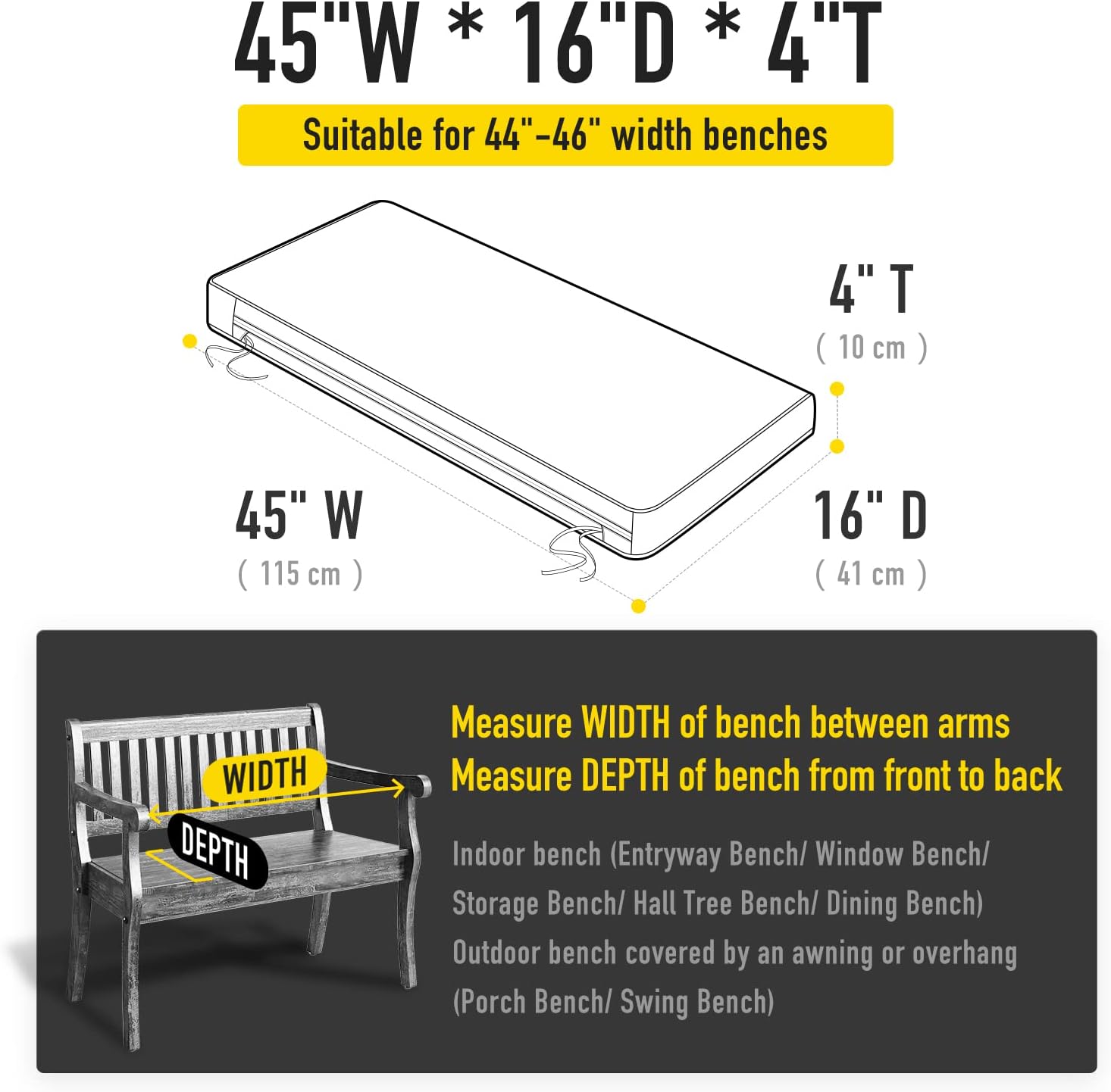 SUNROX Gel Memory Foam Bench Cushion with Ties, Ultra Durable Water Resistant FadeShield Outdoor/Indoor Universal Bench Seat Pads 45 x 16 x 4 inch, Midnight