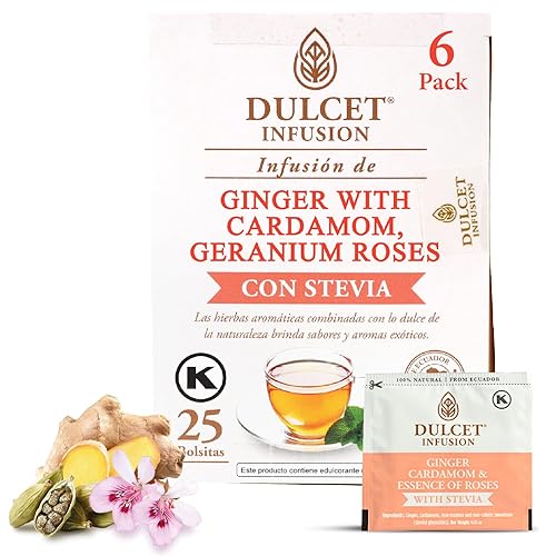 DULCET INFUSION - Bolsas de té de hierbas de jengibre, cardamomo y geranio rosa, 25 bolsas de té sin cafeína, té de frutas con hojas naturales de