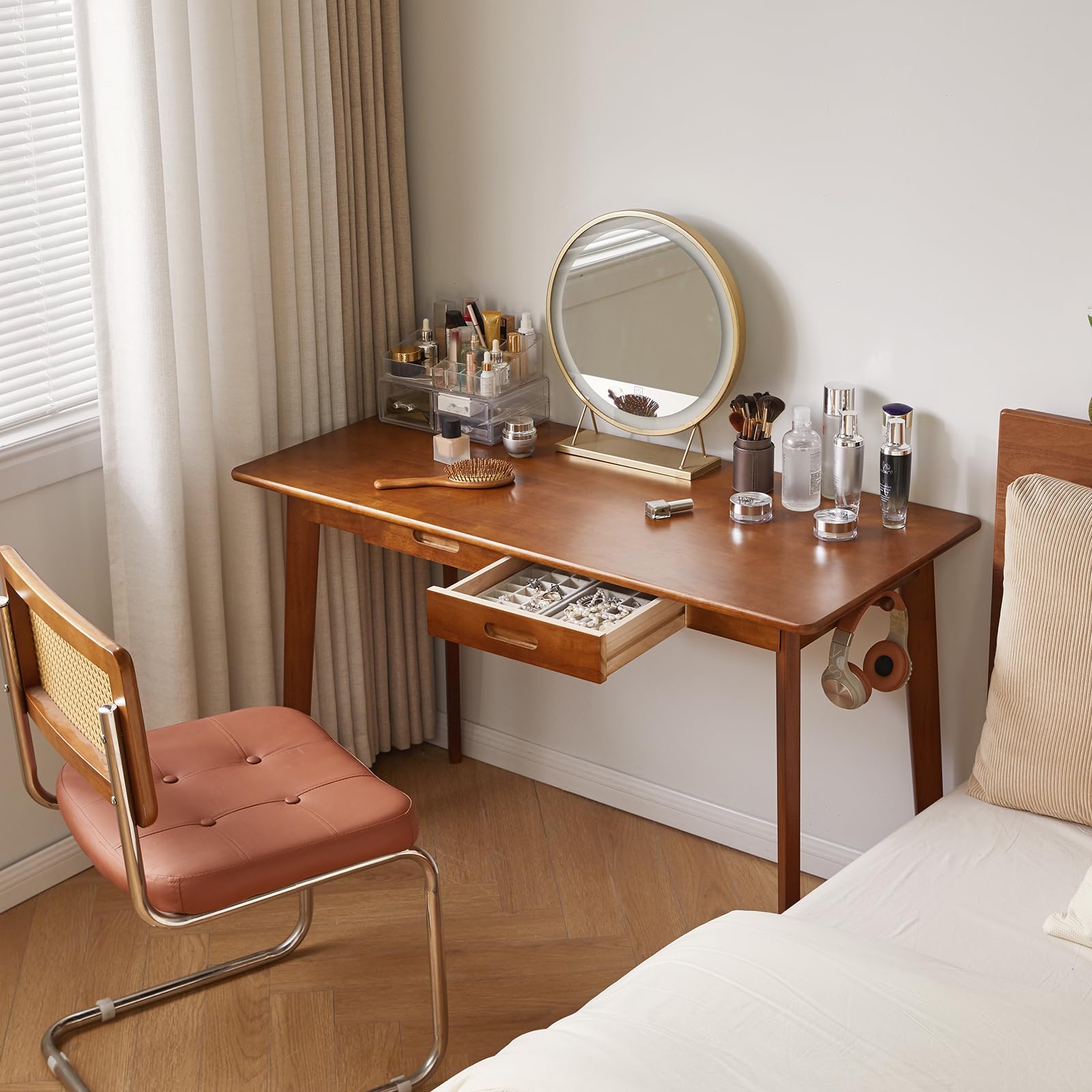Aibiju Massivholz-Schreibtisch mit Schubladen, 120 cm Computertisch für modernen minimalistischen Stil, Home-Office-Schreibtische, Studenten-PC-Schreibtisch für Schlafzimmer, Braun YD-WD03H