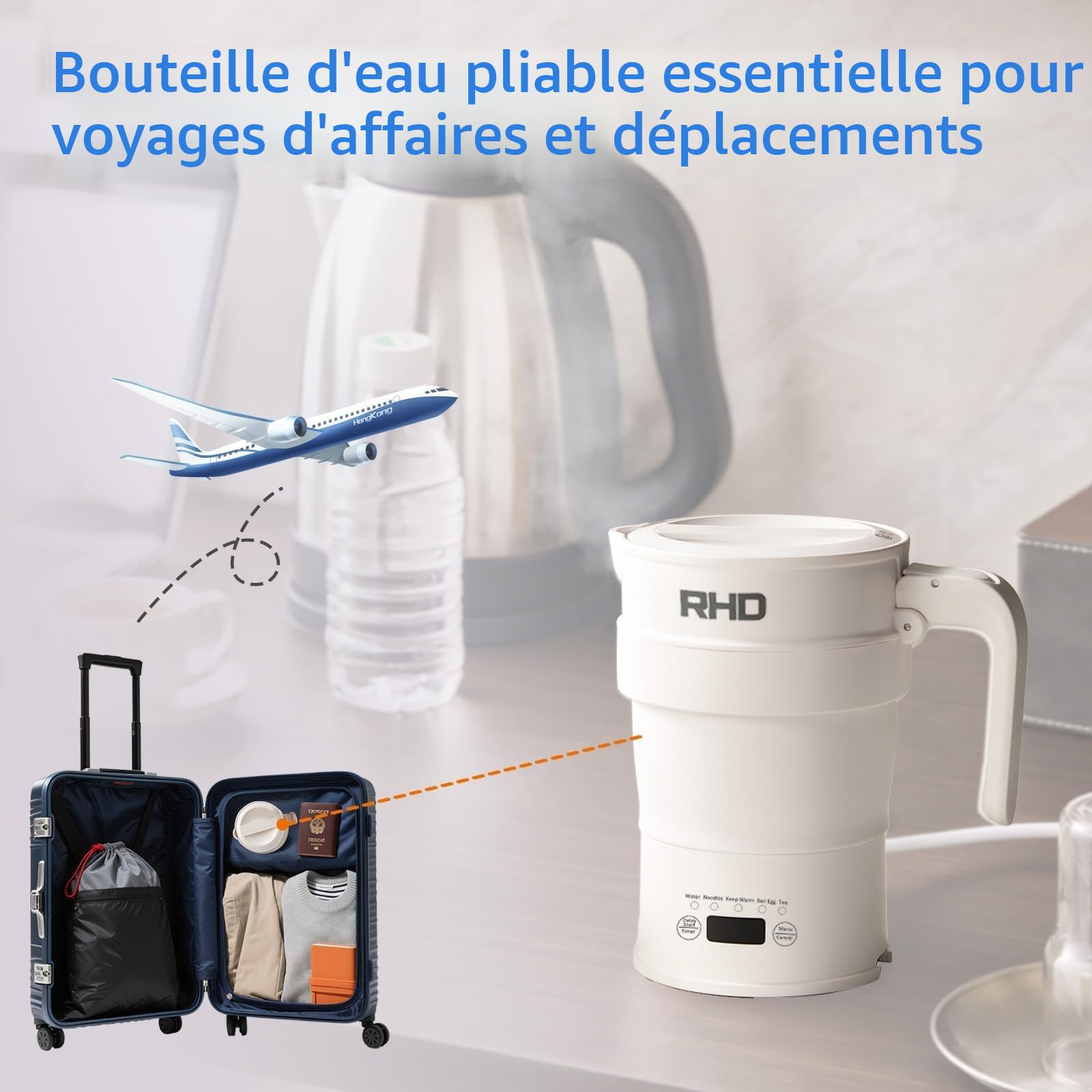 Bouilloire électrique pliable 0,7L acier inoxydable 316 1000W blanc sans BPA
