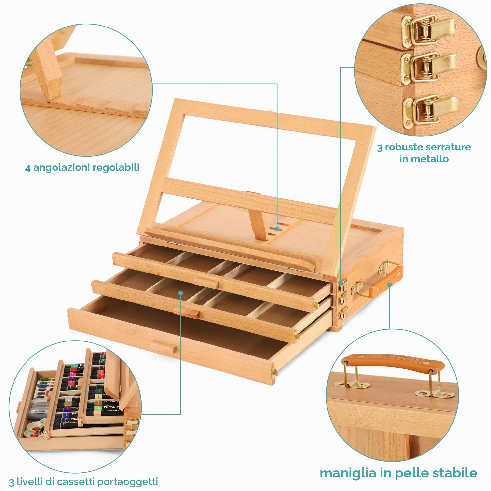 VISWIN Grande Cavalletto da Tavolo Regolabile con 3 Cassetti, Scatola per Cavalletto per Pittura in Legno di Faggio Premium, Cavalletto da Tavolo per Artista Portatile per Adulti, Artista