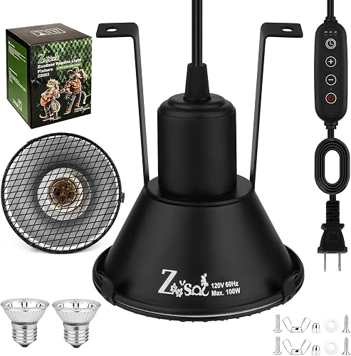 5-in-1 Reptile Heat Lamp Fixture Anti-Scald Guard 4.7 Inch Hanging Dome Light Fixture with Timer & 2 Pack 50W Halogen Basking Bulb for Bearded Dragon, Gecko, Turtle, Chameleon