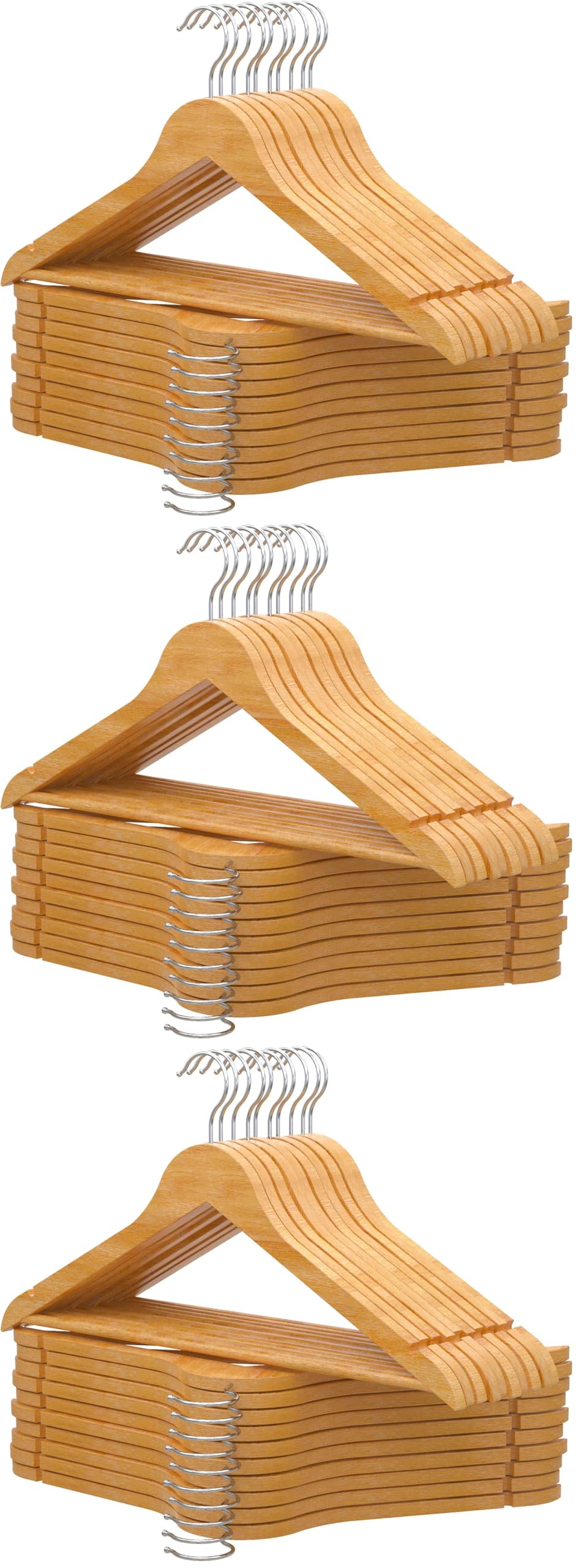 PORTENTUM Set de 20 Perchas de Madera para Ropa, Color Natural. Gancho Giratorio 360º, Perchas Pantalones, Colgador Antideslizante para Trajes, Chaquetas y Camisas, Muescas para Vestidos y Blusas