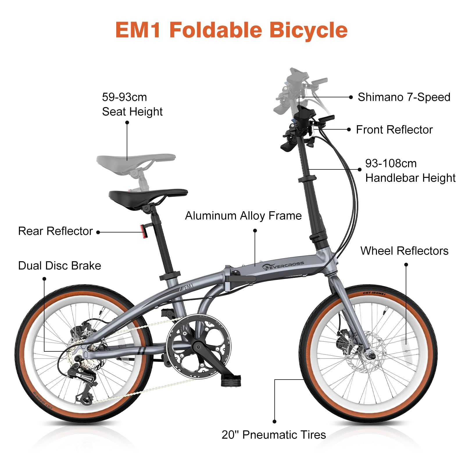 EVERCROSS EM1 Bici Pieghevole per Adulti e Ragazzi dai 12 Anni – Ruote 20", 7 Velocità, Doppi Freni a Disco, Telaio in Alluminio Leggero, Peso 12,7 kg, 99% Pre-montata, Adatta ad Altezze 150-185 cm