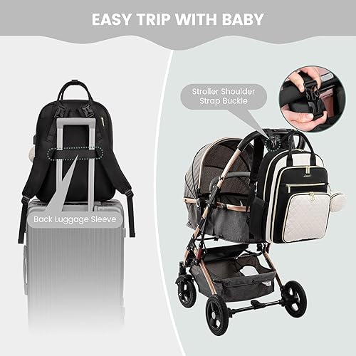 Miniatura 8 de LOVEVOOK Mochila para pañales, bolsa de bebé acolchada para mamá y papá, mochila de viaje de gran capacidad con cambiador, Negro Blanco, Moderno