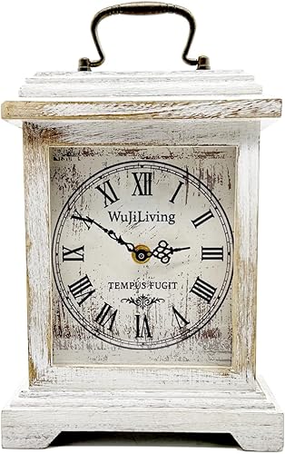 Reloj de mesa de madera, acabado rústico blanco envejecido, esfera de números romanos vintage, reloj de mesa de cuarzo silencioso para sala de