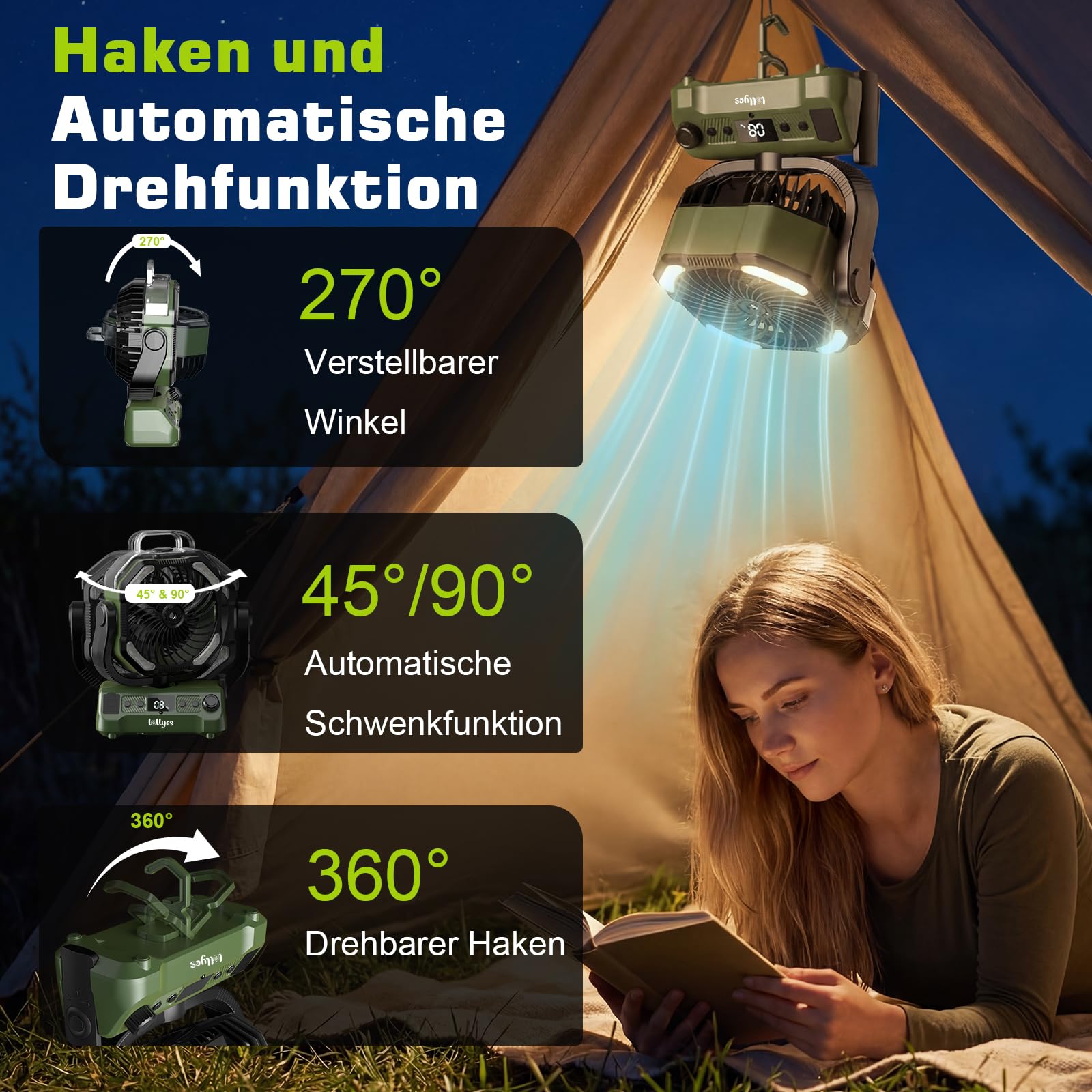 20000mAh Camping Ventilator Akku mit Licht, 0-100 Stufen Regelbar Outdoor Ventilator mit Sprühfunktion & Fernbedienung, Leise Tischventilator mit Timer 360° Haken für Zelt Angel