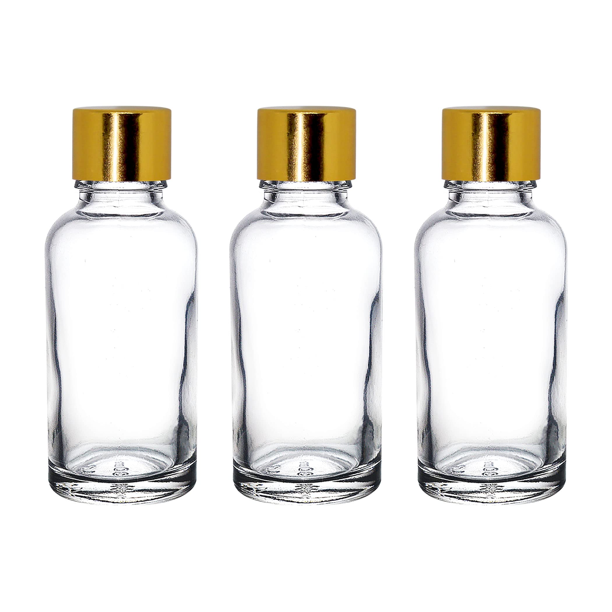 nsb herbals 30 ml Clear/Transparent Round Empty Glass Bottle/Golden Cap/Refillable, For Essential Oils, Perfumes (Pack Of 3)