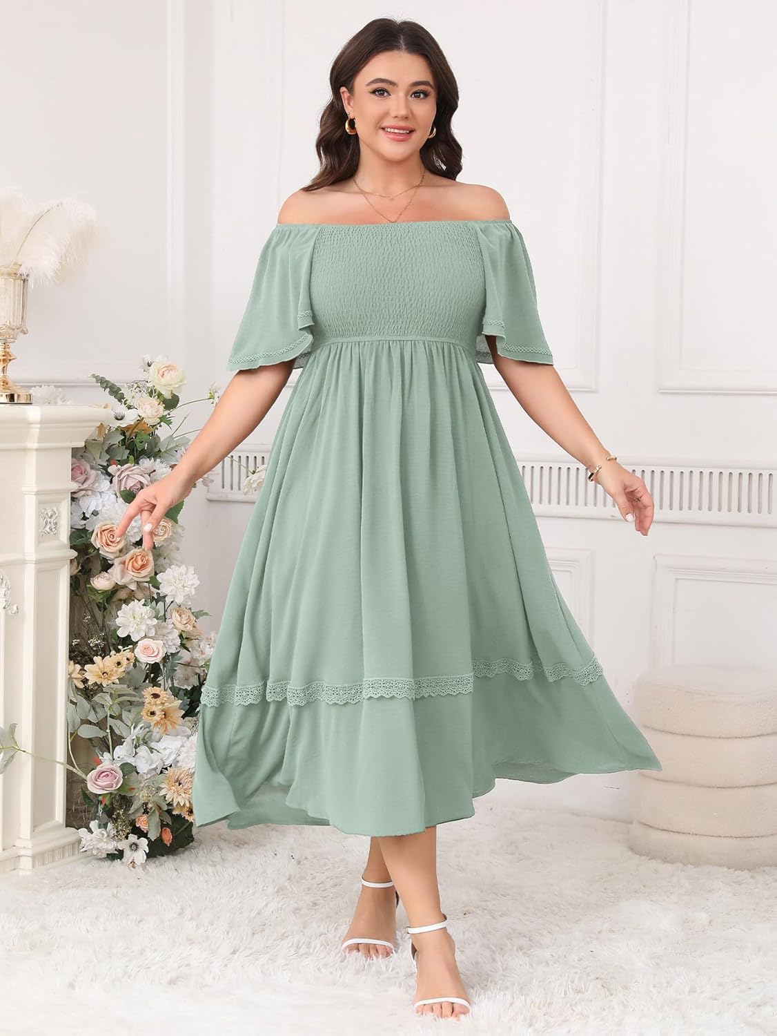 Plus Size Maxi Dresses for Curvy Women Short Sleeve Square Neck Smocked Flowy Formal Wedding Guest Dress Lace Trim - Image 2
