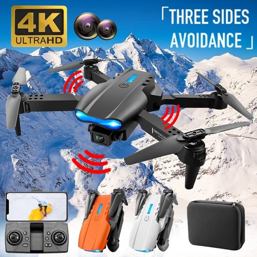 OBABO E99 Drone with obstacle avoidance sensors active in a snowy mountain environment.
