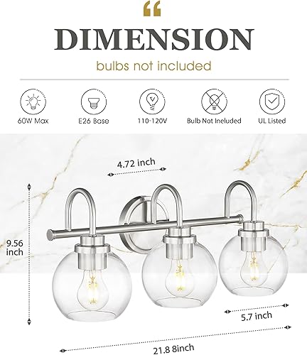 Vista 36 de AD-22280-2W-SN - Lámpara de tocador de baño de 2 luces, níquel cepillado con pantalla de vidrio transparente, luz de tocador de baño de granja sobre