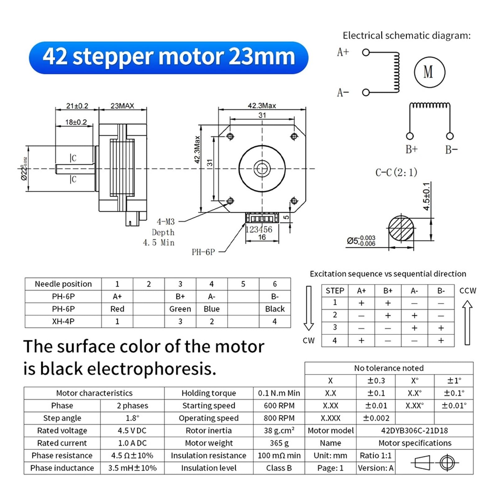 Schrittmotor 1/3Pcs Nema17 23mm 42 Stepper Motor 42HS23 1.0A 0.1N.m 42BYGH 4 Lead(Black)