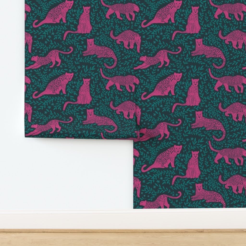 Spoonflower Peel & Stick Wallpaper 3ft x 2ft - Jungle Cat Dark Teal Pink Leopard Jaguar Jewel Tone Custom Removable Wallpaper