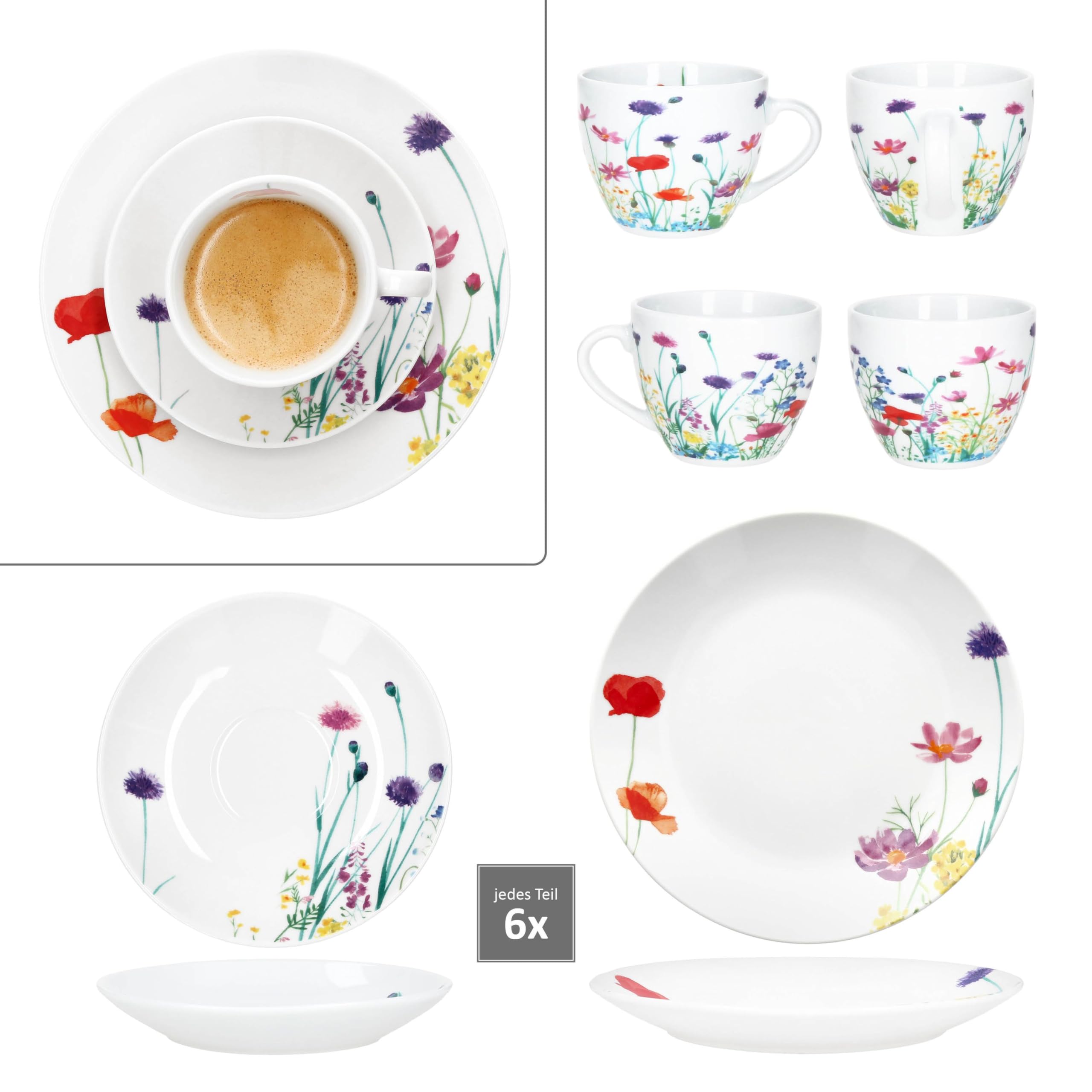 MamboCat Marie 18tlg Kaffeeservice I Porzellan-Geschirr mit Blumenwiese-Dekor für 6 Personen I Je 6x Tassen 190ml, Untertassen & Teller für Frühstück & Kaffee