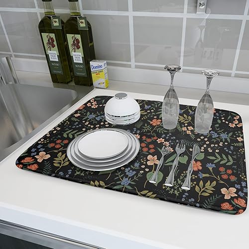 Miniatura 6 de Tapete de secado de platos de flores negras para encimera de cocina, 18 x 24 pulgadas, almohadilla de secado de microfibra reversible absorbente,
