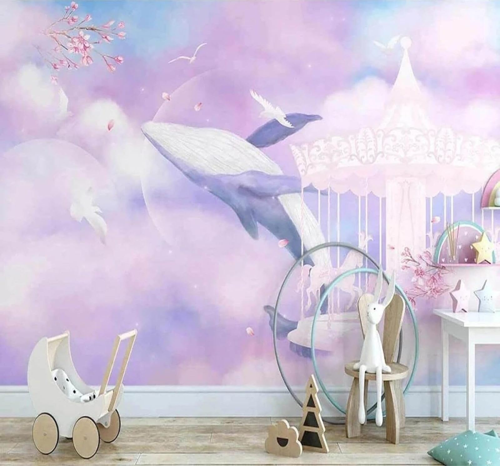 XLMING Cartoon Aesthetic Purple Bubbles Whale 3D Wallpaper Silky Texture Home Study Office Grey Dining Room Sofa Bedroom Living Room TV Backdrop-430cm×300cm