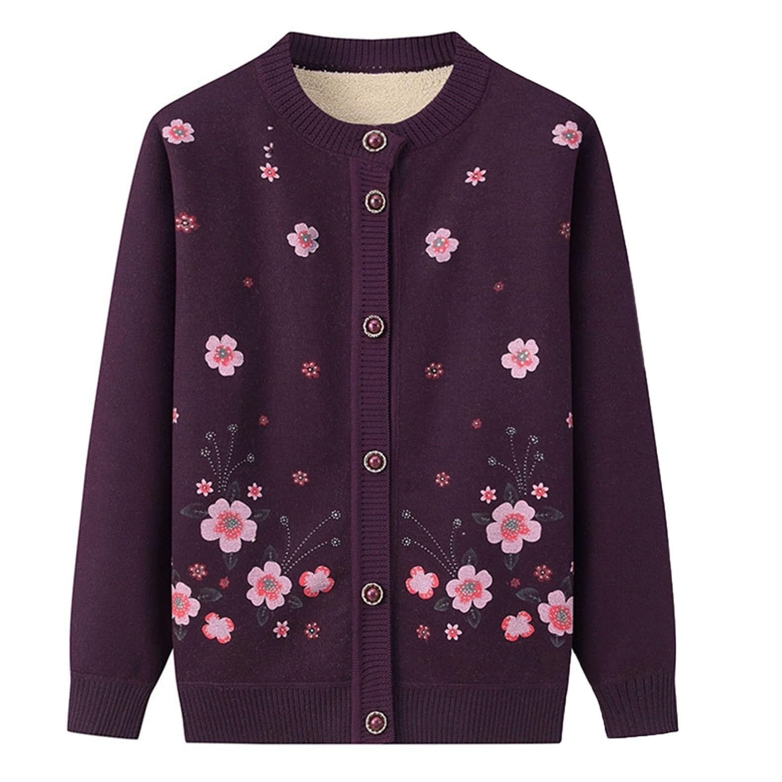 Middle-Aged Elderly Women Cardigans Knitted Sweater Long Sleeve Tops Seniors Ladies Grandma Thick Velvet Top Jacket