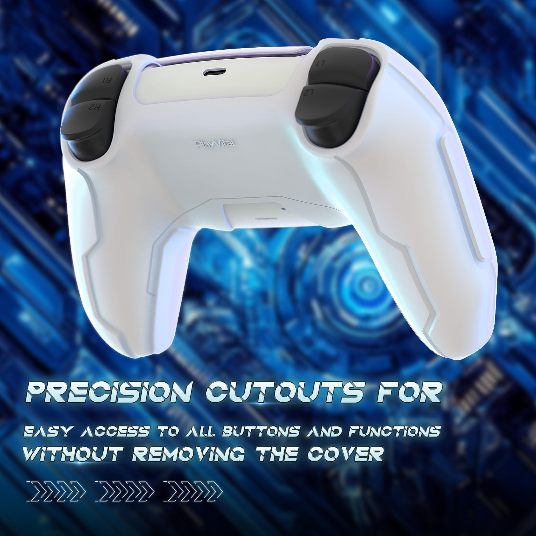 playvital Cover Controller per ps5 Joystick Custodia Silicone Skin Antiscivolo Grip Ergonomico, 2 Copri Analogici e 6 Adesivi, Adatto per Stazione di Ricarica, Mecha-Bianco