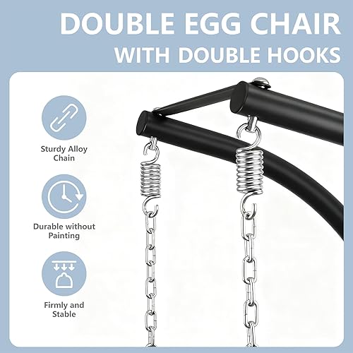 Miniatura 6 de SWITTE Silla columpio doble con soporte para patio al aire libre para 2 personas, hamaca de mimbre colgante con cojín para dormitorio interior,