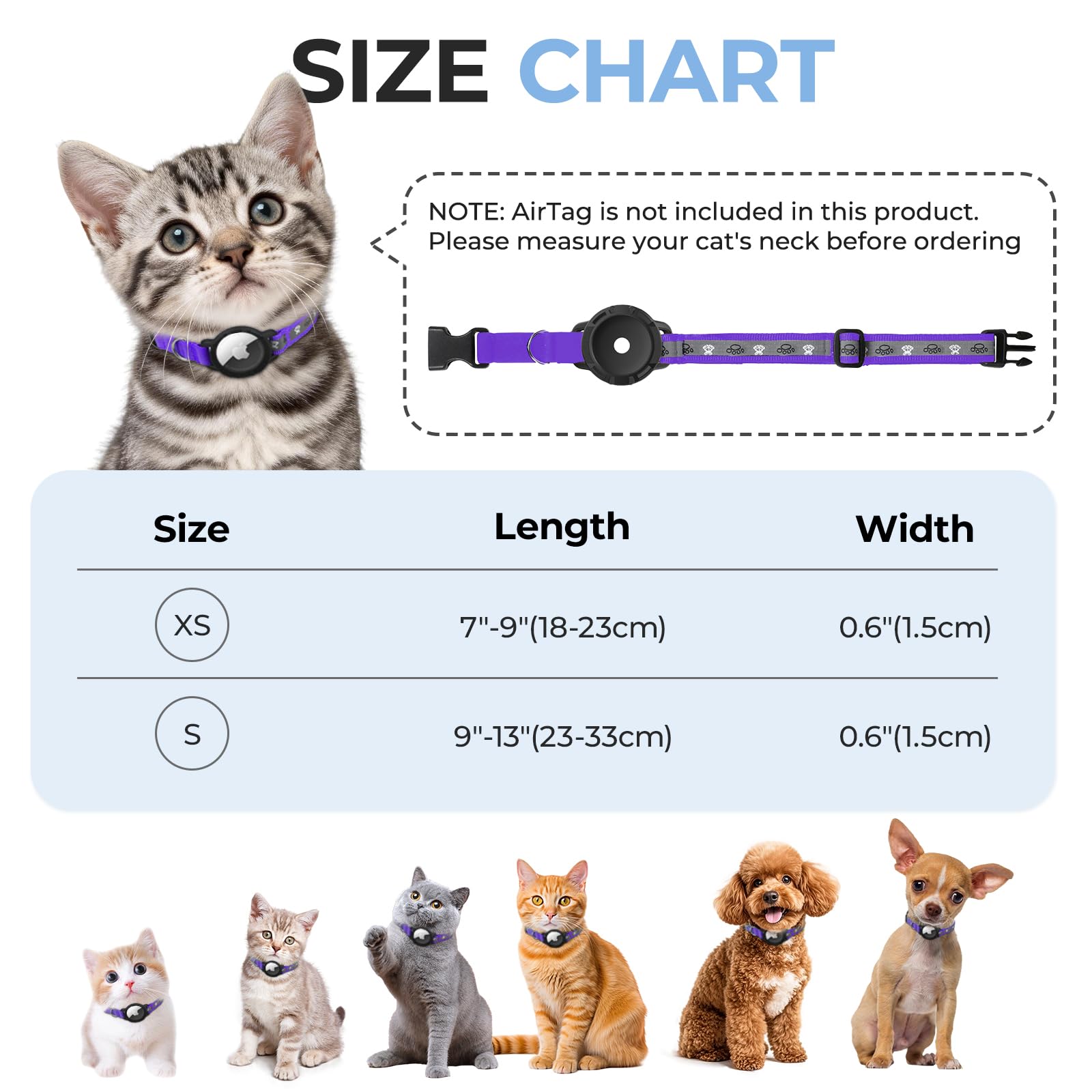 Breakaway AirTag Katzenhalsband, reflektierendes Katzen-Tracker-Halsband mit Airtag-Halterung und Glocke, Sicherheits-Gummiband, Katzen-GPS-Halsbänder für Mädchen, Jungen, Katzen, Kätzchen und Welpen