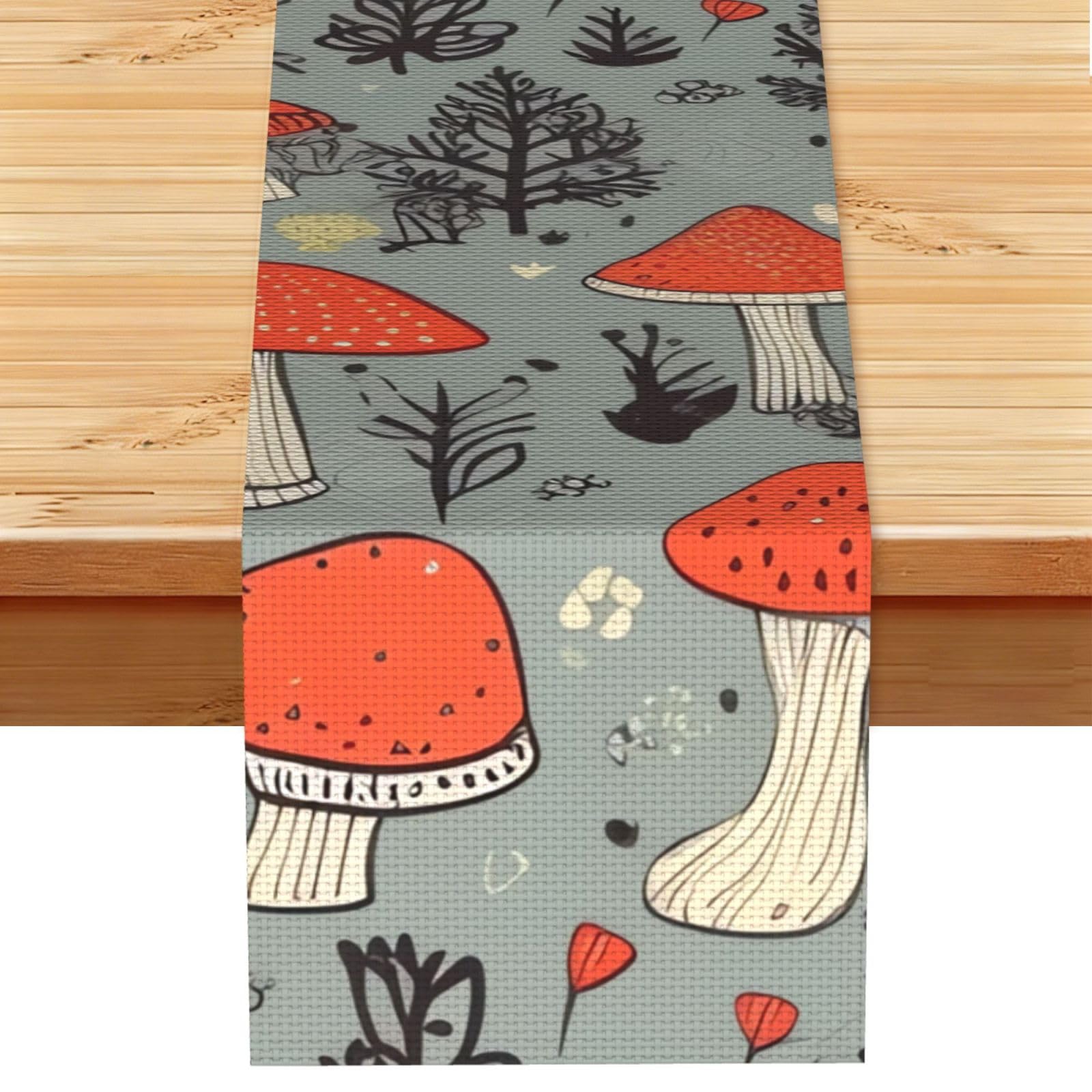 Mushroom Table Runner 13 x 72 Inches Long, Cotton Linen Table Runners for Kitchen Dining Table Decoration - Washable Tablecloth Modern Tablerunner for Home Party Decor