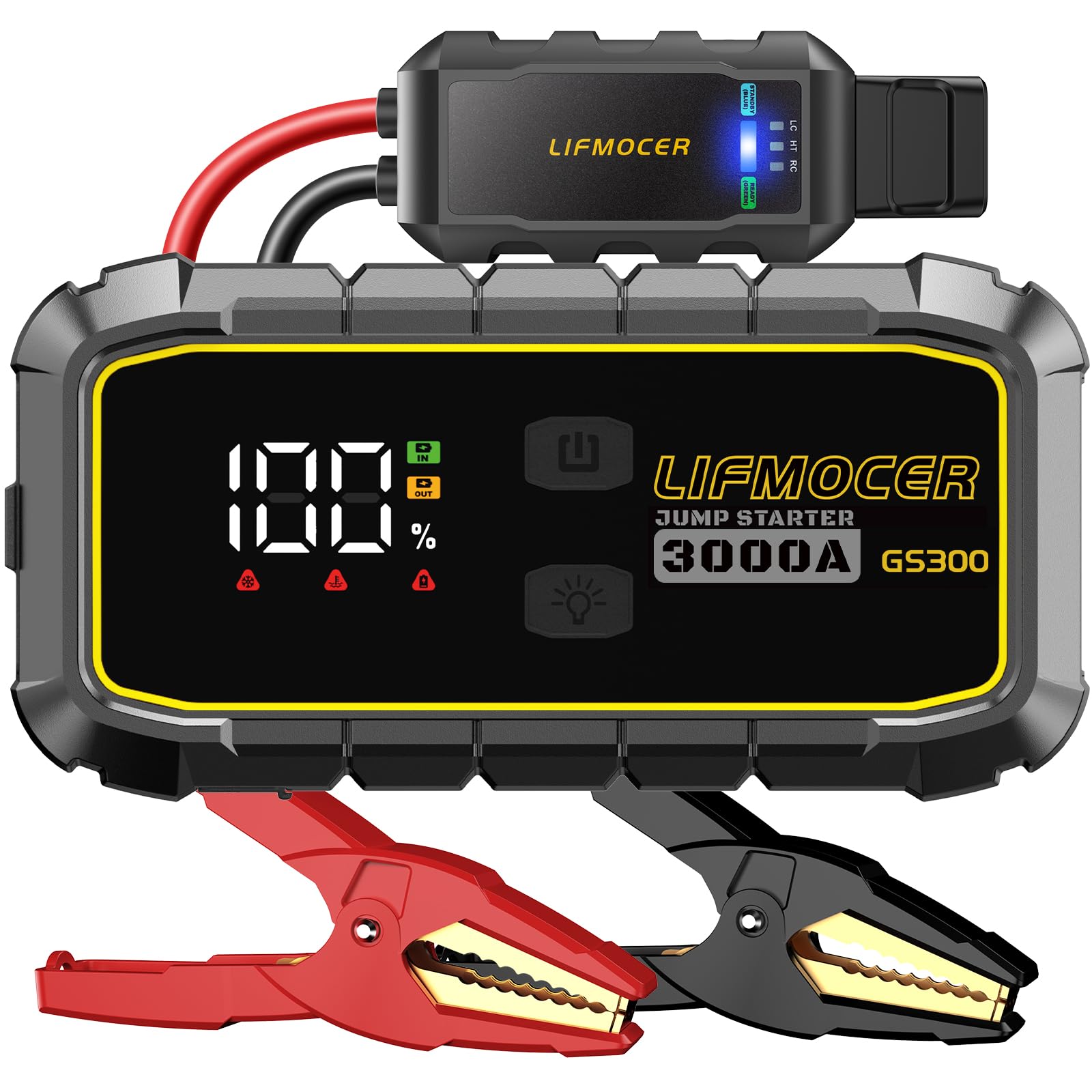 LIFMOCER GS300 Jump Starter - 3000A Car Battery Jump Starter for Up to 10.0L Gas and 8.0L Diesel Engines, 12V Portable Jump Box with Storage Case USB Quick Charge, and LCD Display