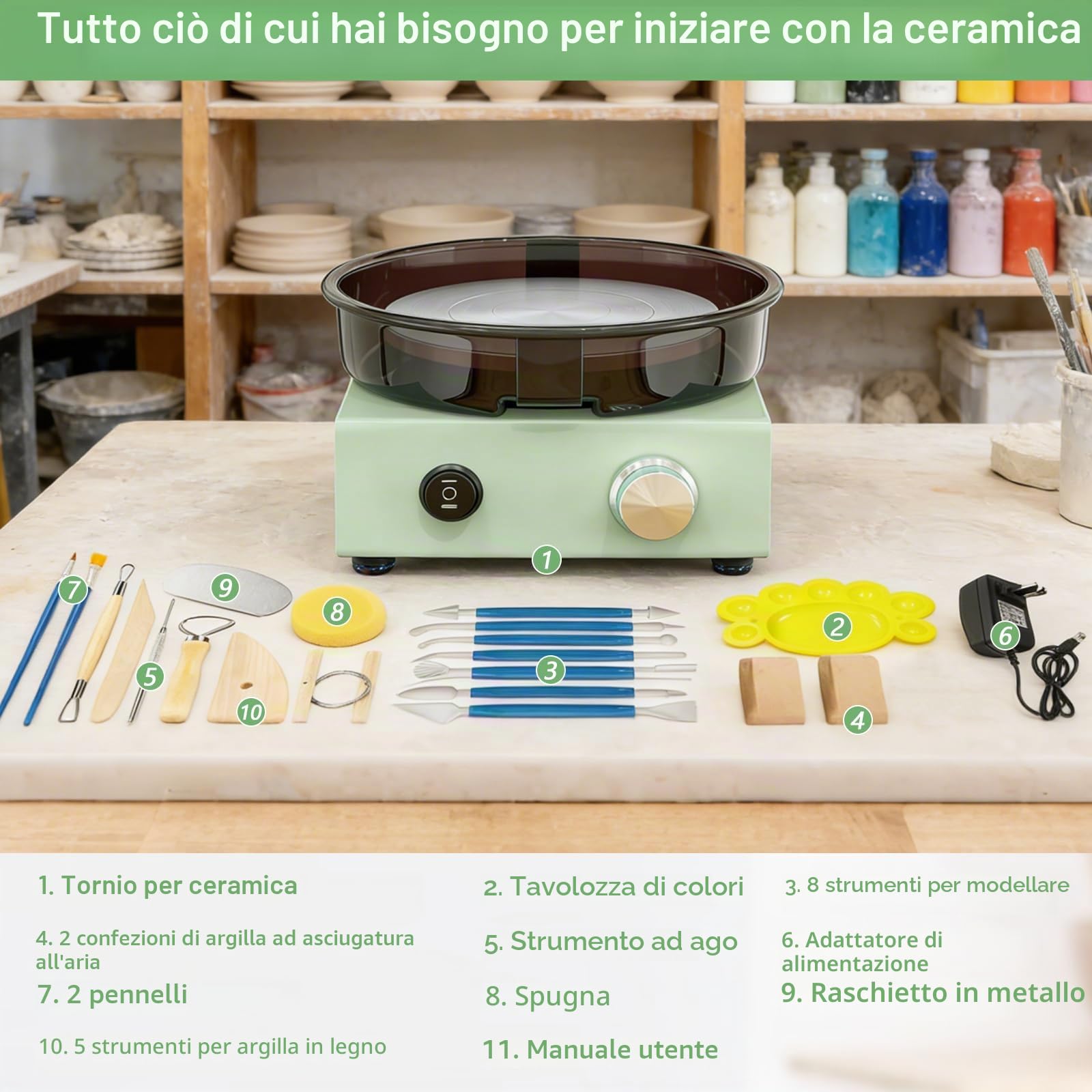 Mini Tornio da Ceramica con Piatto Rotante Bifacciale da 15 cm, Struttura Metallica, Paraspruzzi Rimovibile e Kit di Strumenti, Macchina per Modellare Argilla per Principianti, Bambini e Adulti