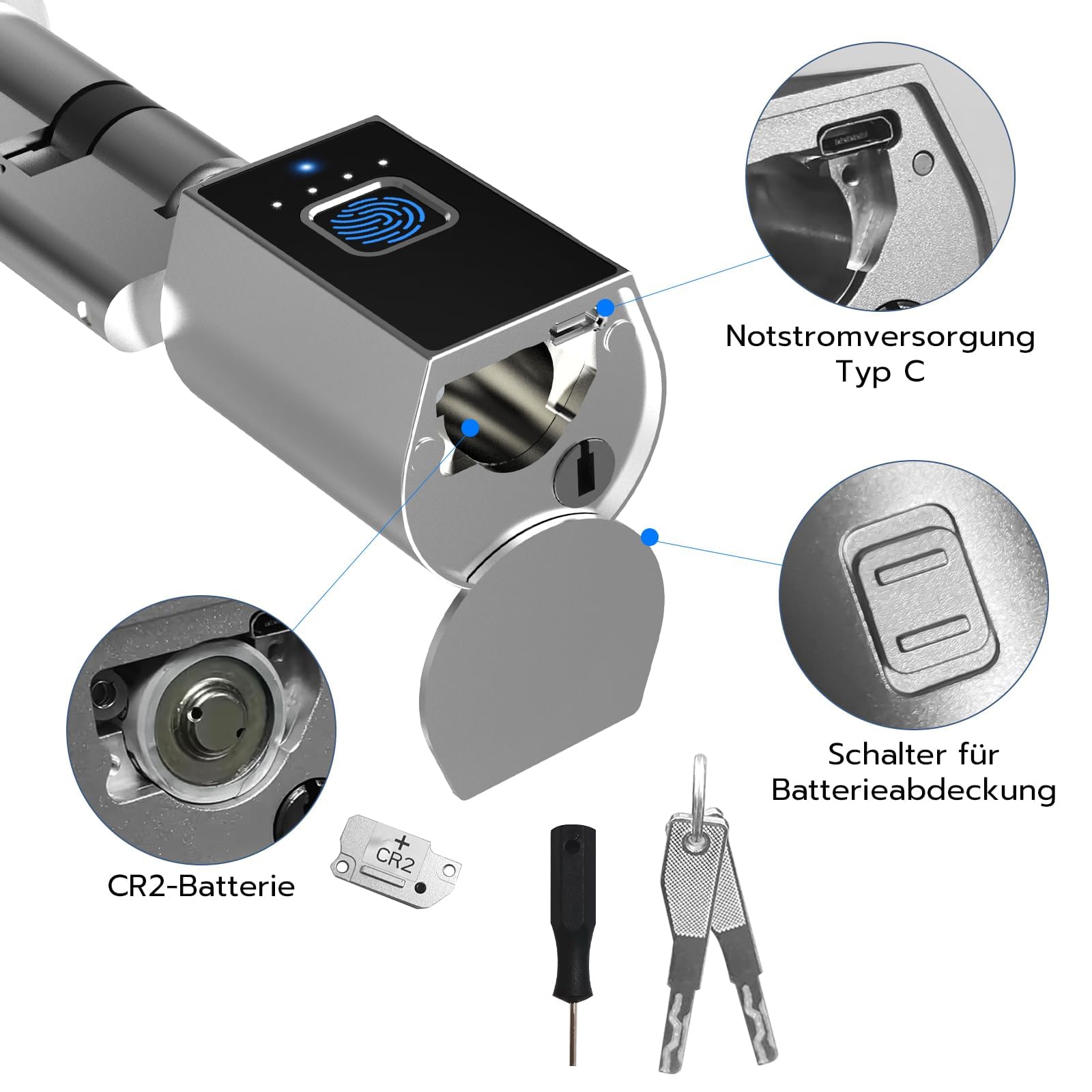 Serrure de porte électronique 40/40 80 mm avec clé, empreintes digitales, application Bluetooth autorisation à distance : convient pour les portes de la plupart des UE - serrures de porte à monter