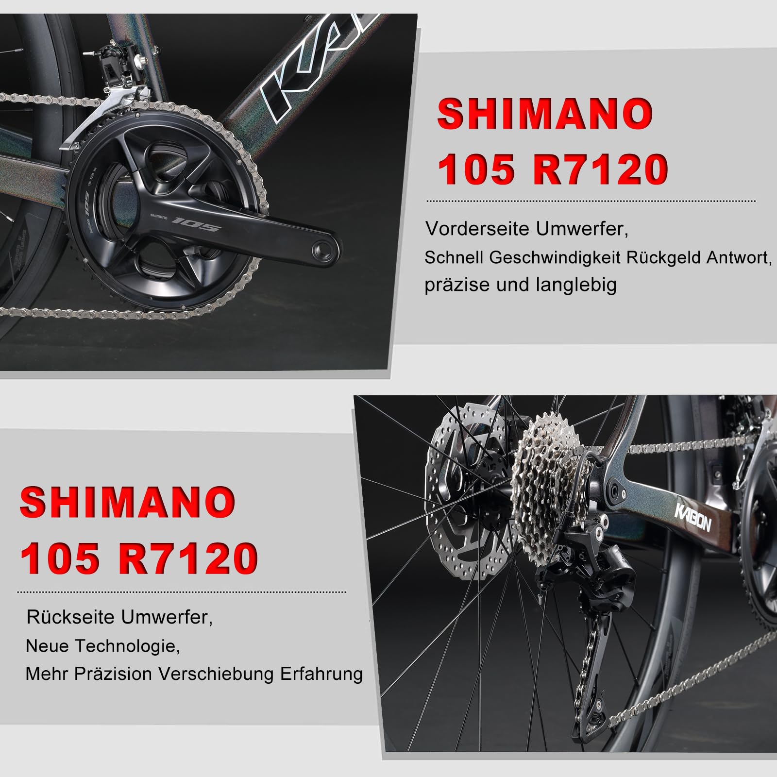 KABON Carbon-Rennrad, leichtes Vollcarbon-Rennrad mit Shimano 105 R7120 24-Gang-Gruppensatz und hydraulischer Scheibenbremse Rennrad für Erwachsene