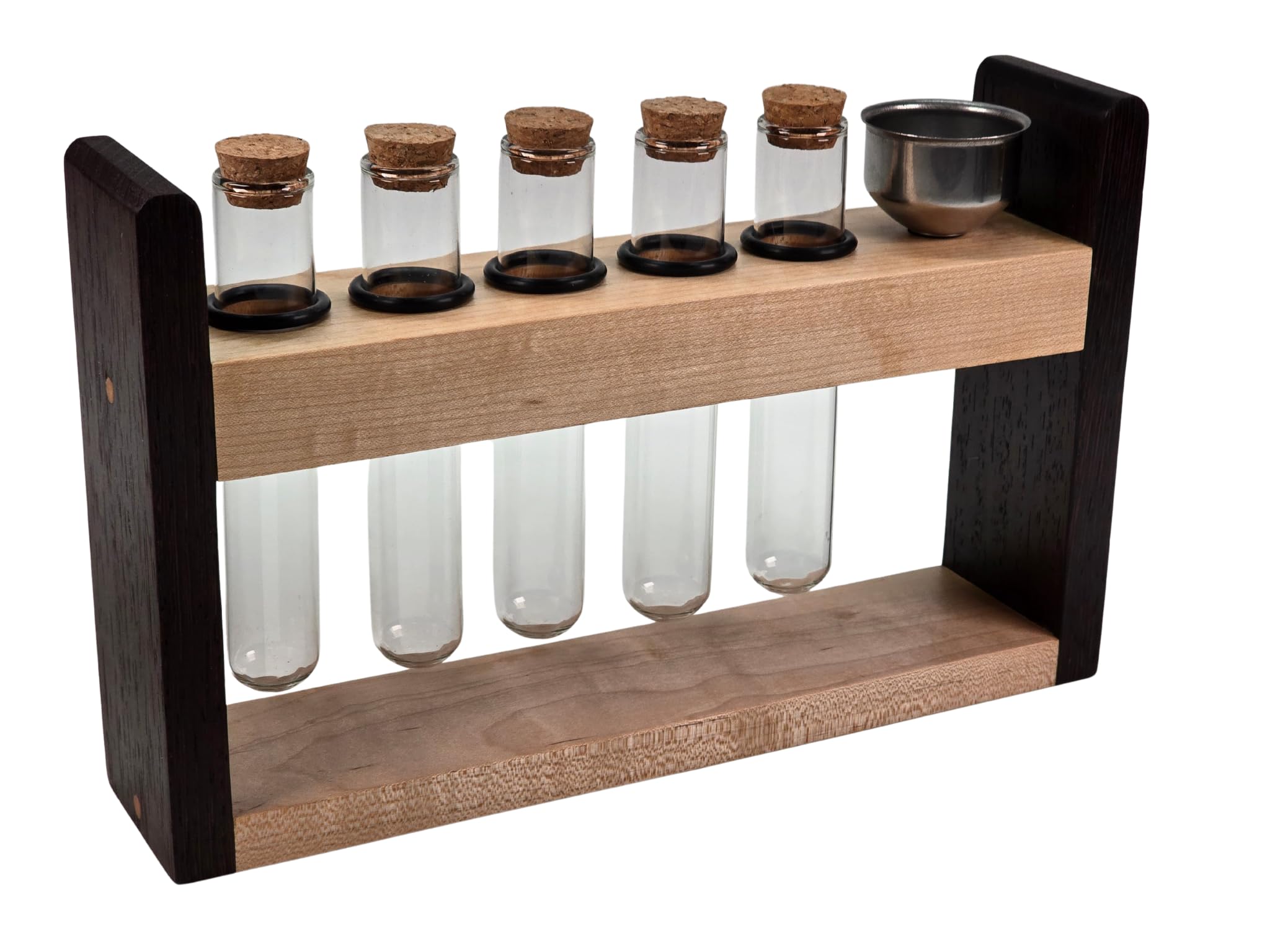 Handgefertigtes Reagenzglas-Gewürzregal mit Trichter, Wenge/Ahorn | Schwimmende Glasfläschchen für Seasoniong, Badesalzaufbewahrung, Pflanzenvermehrungsröhrchen, moderne Küchendekoration
