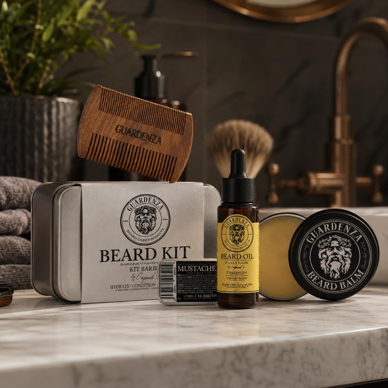 Guardenza Bartpflege Set | Bartöl, Bartbalsam, Schnurrbartwachs, Bartkamm