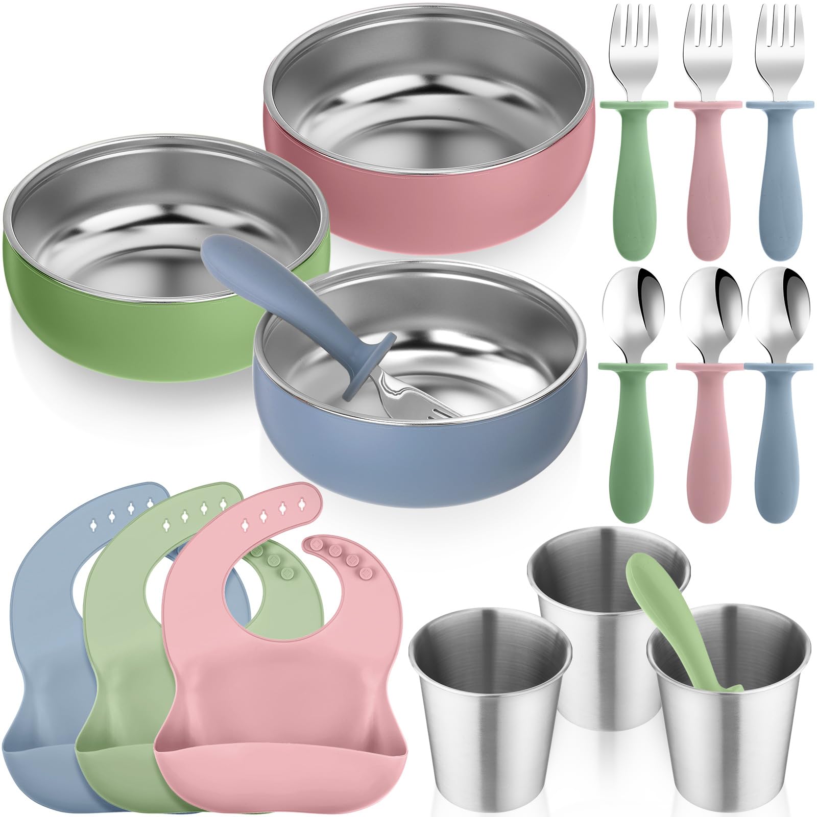 Yinder - Juego de 15 unidades de alimentación para bebés de acero inoxidable 304, suministros para destete con luz LED, cuencos para niños con carcasa de silicona extraíble, cucharas, tenedores, baberos de bolsillo de silicona, taza para alimentación de niños pequeños, apto para lavavajillas