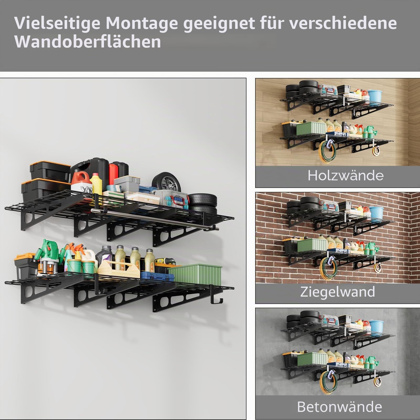 Garagenregal 2er-Set, 61 x 183 cm Werkzeugaufbewahrung Wandregale aus Metall, 370 kg pro Schicht, Werkzeughalter Wand mit Haken, Aufbewahrungsregale Regale für Garagenlagerung, Geschäft, Schuppen