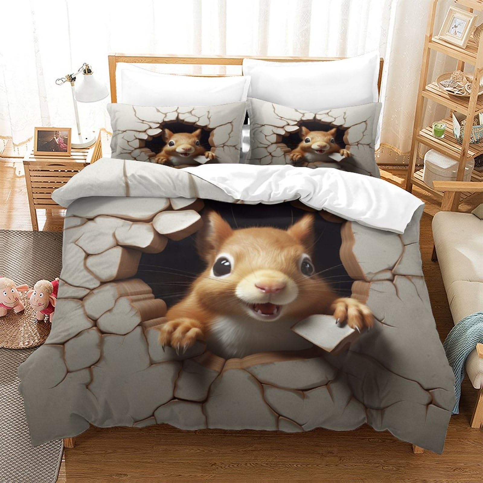 P1S9U7W5Y 3D Printed Squirrel Crack Microfiber 3 Pieces Duvet Cover Set for Adults Bedroom Decor Squirrel Bedding Set Soft Breathable for Home Dorm Gift King（220x240cm）