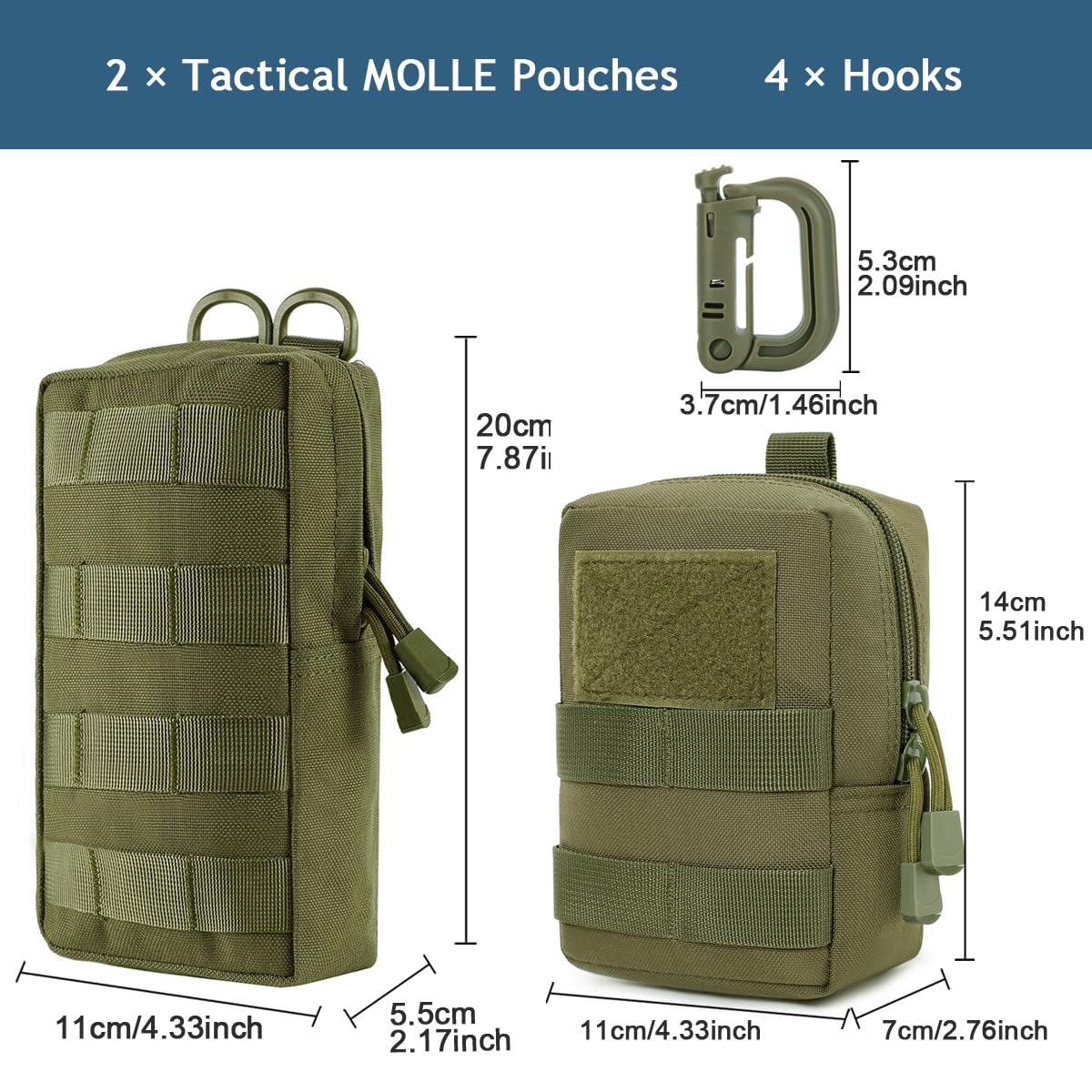 MUCHER 2 Pack Molle Pouches Tactical Pouches EDC Pouch Organizer Molle Bag Utility Pouch with 4 Carabiners for Outdoor Hiking Hunting Camping Training (B-Green-2pcs)