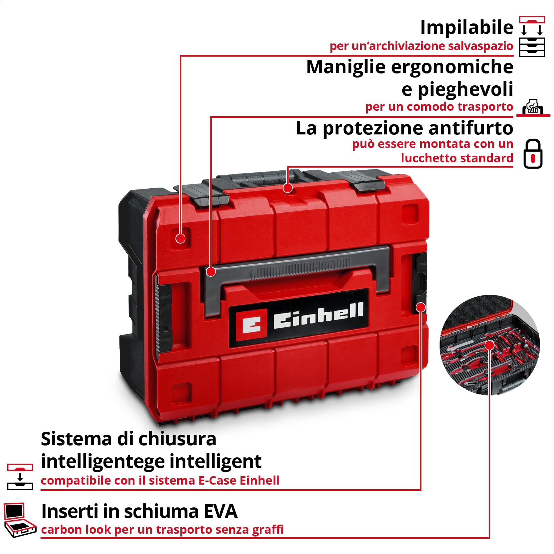 Original Einhell E-Case valigetta attrezzi 78 pezzi ristrutturazione (ristrutturazioni, punte trapano, inserti, utensile fughe, pinze, spatola, sega legno, chiave rullino, livella, valigetta sistema)